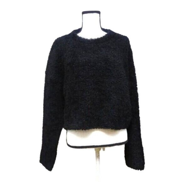 Halogen Boucle Cropped Teddy Bear Sweater, Black, L - Picture 1 of 9
